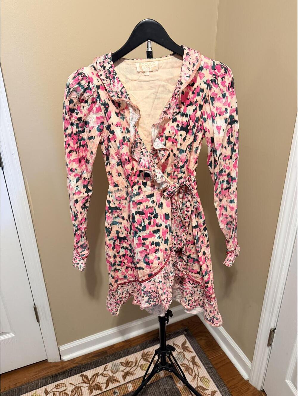 Rococo Sand Mimi Wrap Mini Dress Pink Abstract Print Ruffle Size S